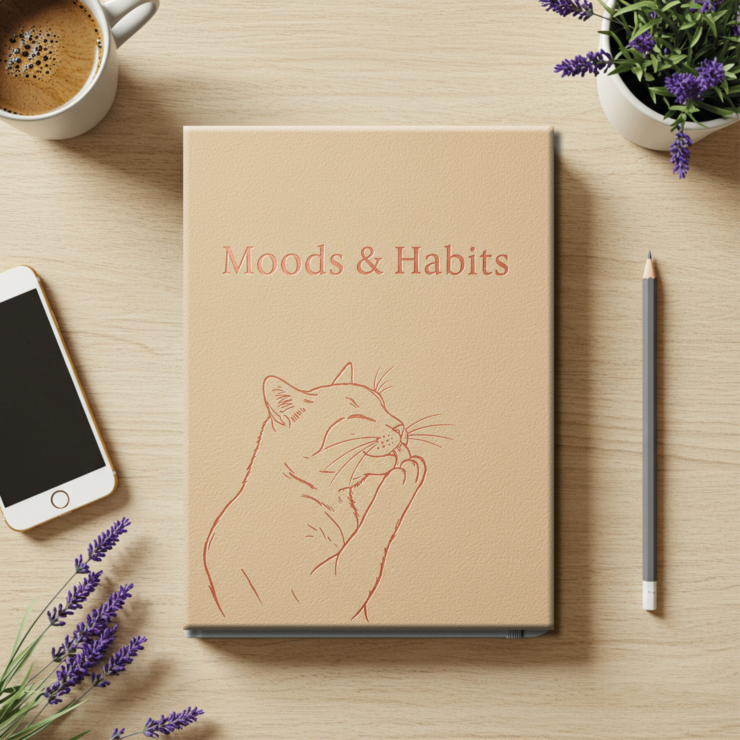 moods and habits tracker, beige with cat, for cat lovers, journaling today, by Sensus Studio