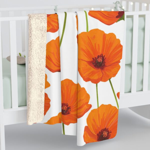Cozy Sherpa Fleece Blanket with Orange Poppy Floral Design