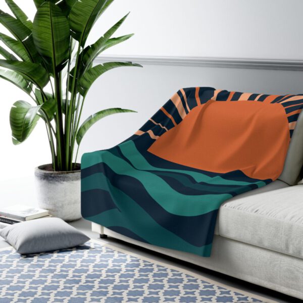 Sunset Serenity Sherpa Fleece Blanket - Stylized Waves, Soft Polyester, Large - Perfect for Relaxation and Home Decor