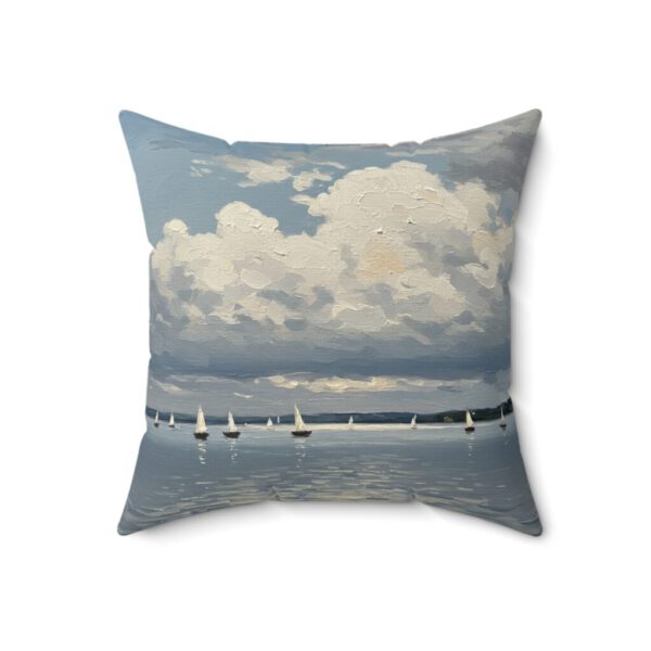 Serene Sailboat on Lake Faux Suede Pillow – Coastal Nautical Décor for Relaxing Vibes