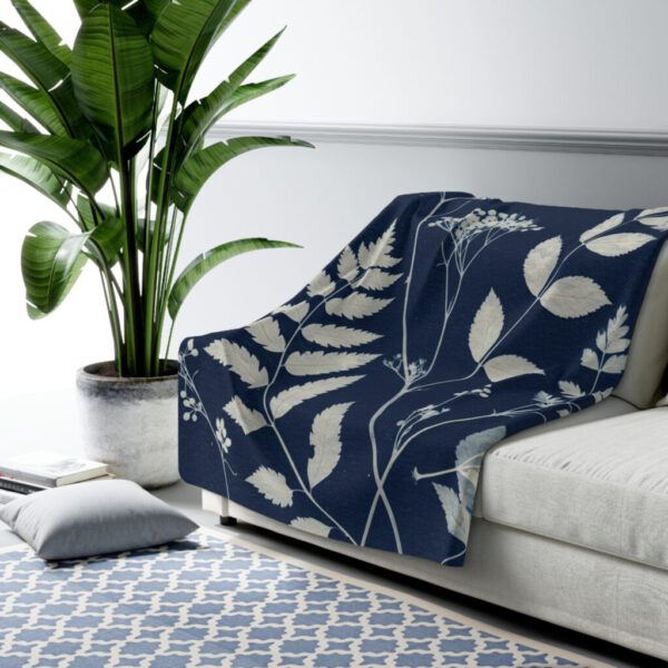 Nature's Blueprint Sherpa Fleece Blanket - Cyanotype Botanical Design, Soft Polyester, Large – Cozy Floral Throw for Home Décor