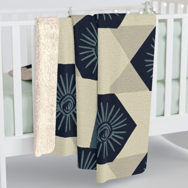 Cozy Sherpa Fleece Blanket with Beige and Blue Geometric Design - Perfect for Home Decor and Gifting