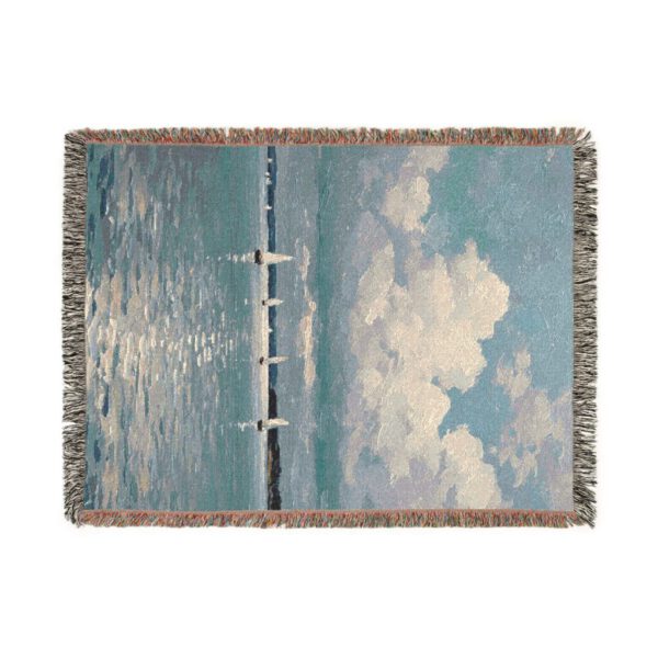 Coastal Serenity Cozy Woven Blanket - Sailboats on a Cloudy Lake, Soft Cotton, Large Size