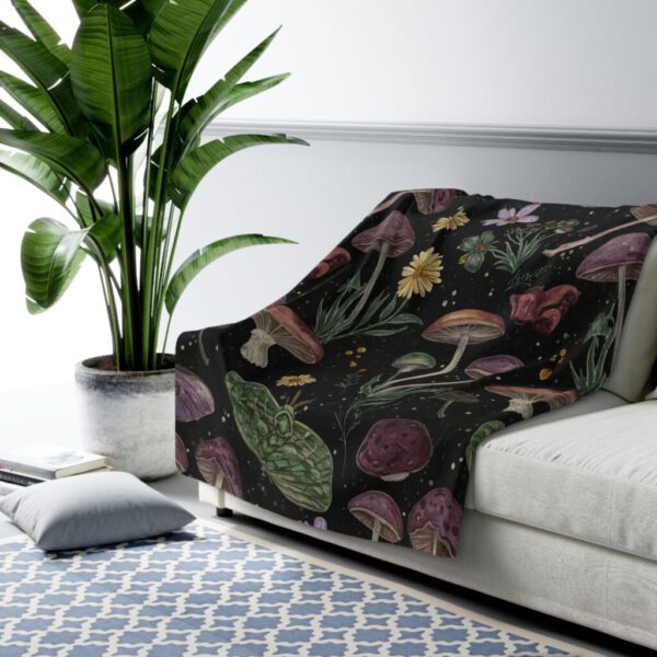 Whimsy Woodland Sherpa Fleece Blanket - Moths, Mushrooms, and Flowers, Soft Polyester, Snuggly Fantasy Forest.
